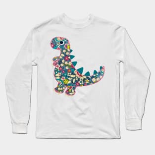 Vintage floral T-Rex Dinosaur on pink background Long Sleeve T-Shirt